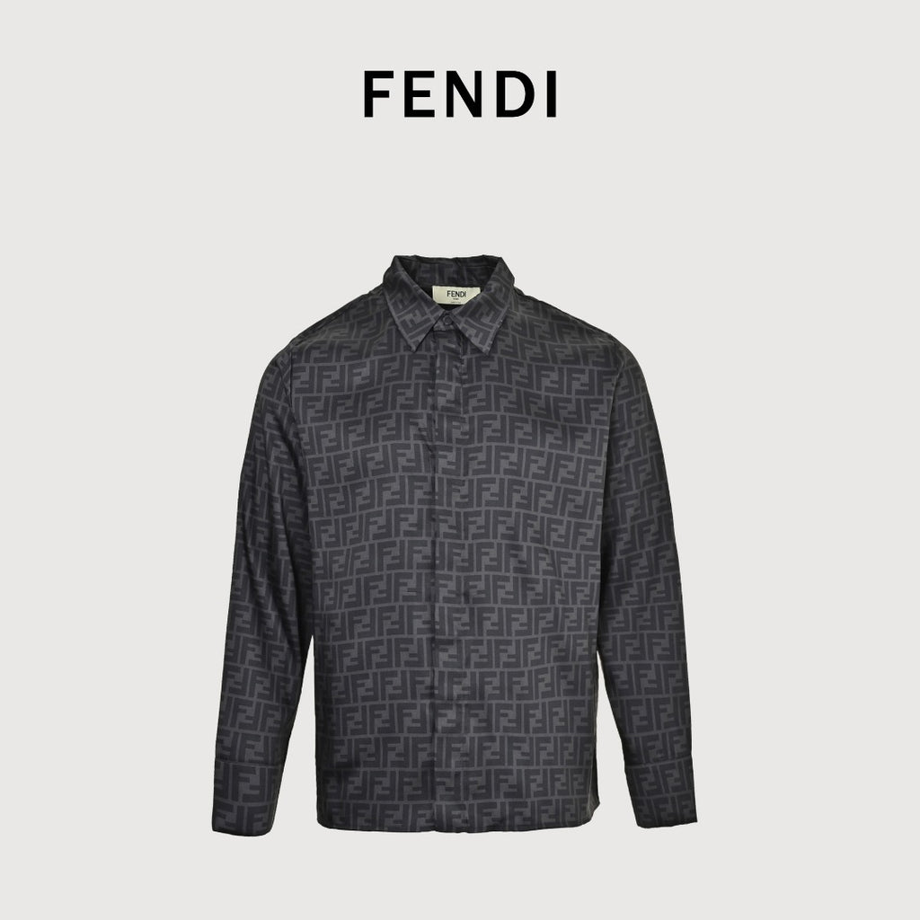 Fendi FD Double F Jacquard All-Over Print Long Sleeve Shirt — Dark Grey