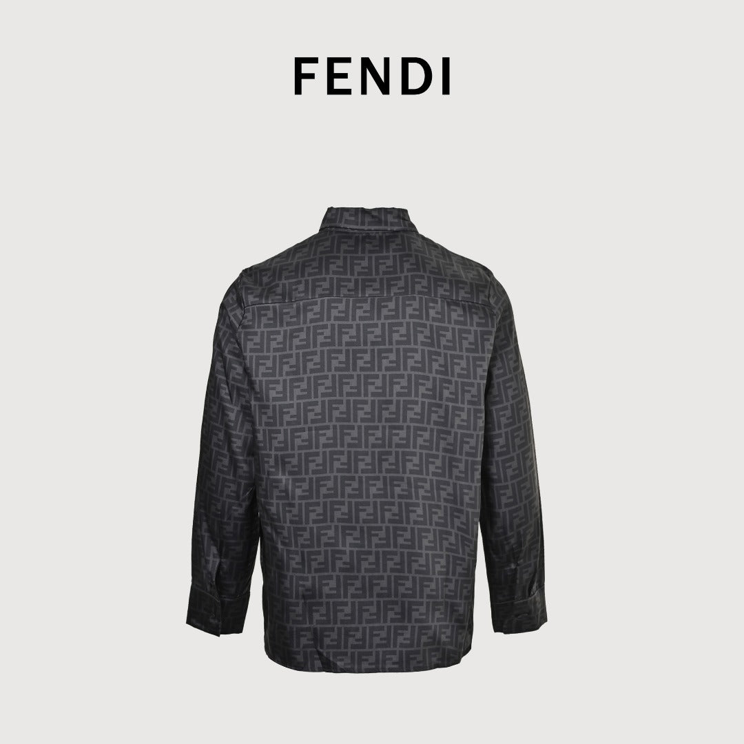 Fendi FD Double F Jacquard All-Over Print Long Sleeve Shirt — Dark Grey