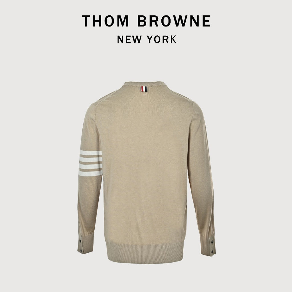 Thom Browne TB 26FW 4-Bar Superfine Wool Crewneck Sweater — Camel