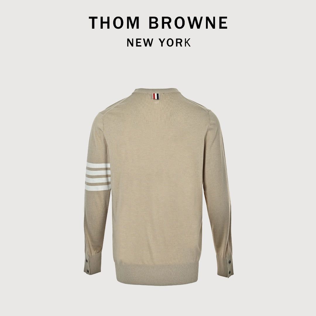Thom Browne TB 26FW 4-Bar Superfine Wool Crewneck Sweater — Camel