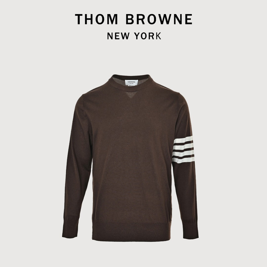 Thom Browne TB 26FW 4-Bar Superfine Wool Crewneck Sweater — Dark Brown