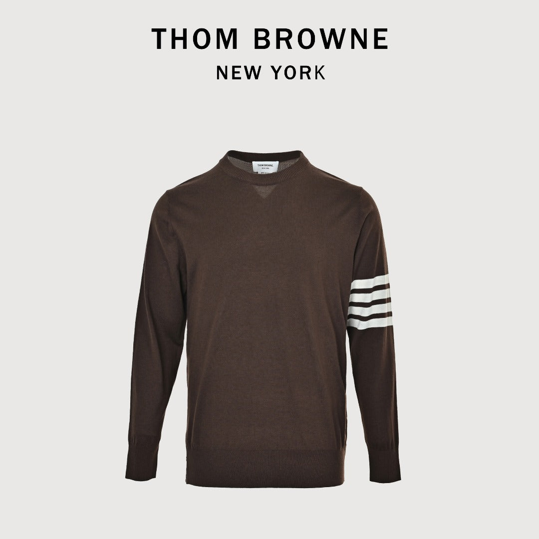 Thom Browne TB 26FW 4-Bar Superfine Wool Crewneck Sweater — Dark Brown