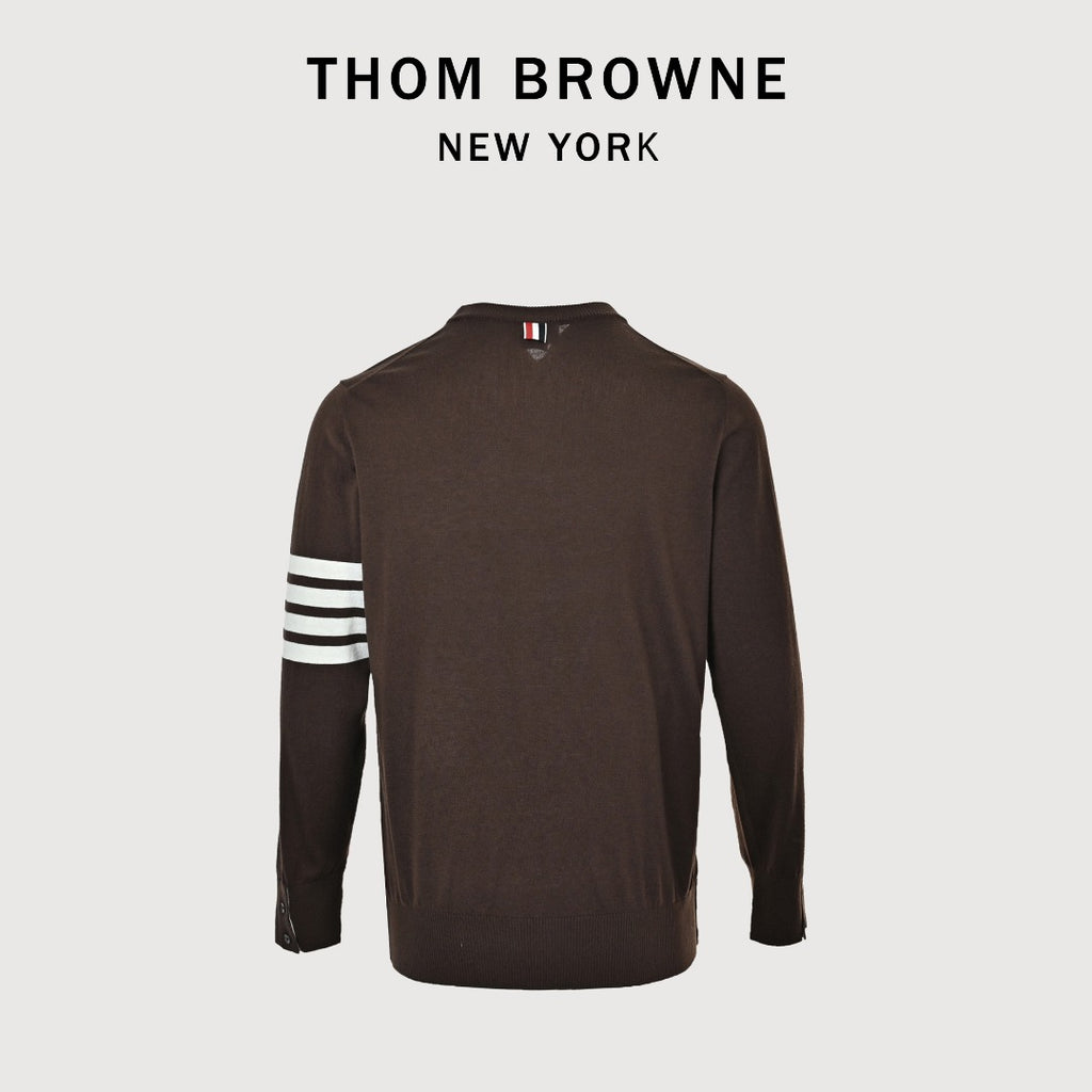 Thom Browne TB 26FW 4-Bar Superfine Wool Crewneck Sweater — Dark Brown