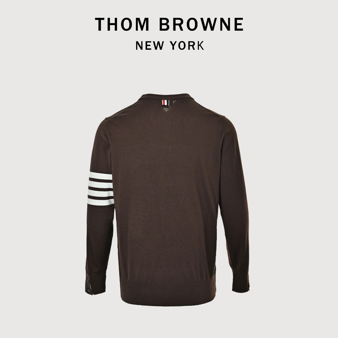 Thom Browne TB 26FW 4-Bar Superfine Wool Crewneck Sweater — Dark Brown