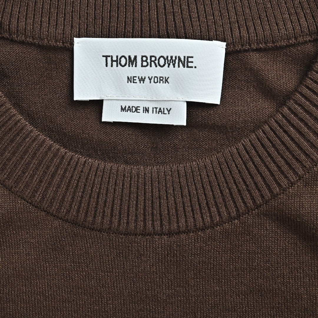Thom Browne TB 26FW 4-Bar Superfine Wool Crewneck Sweater — Dark Brown