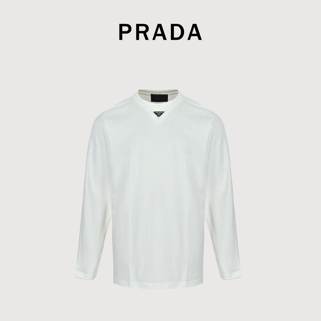 Prada Triangle Logo Collar Long Sleeve T-Shirt — White