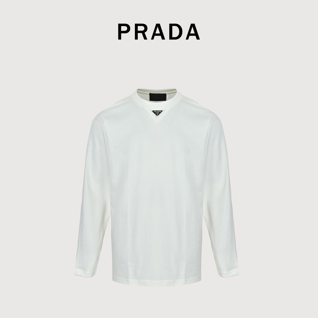 Prada Triangle Logo Collar Long Sleeve T-Shirt — White