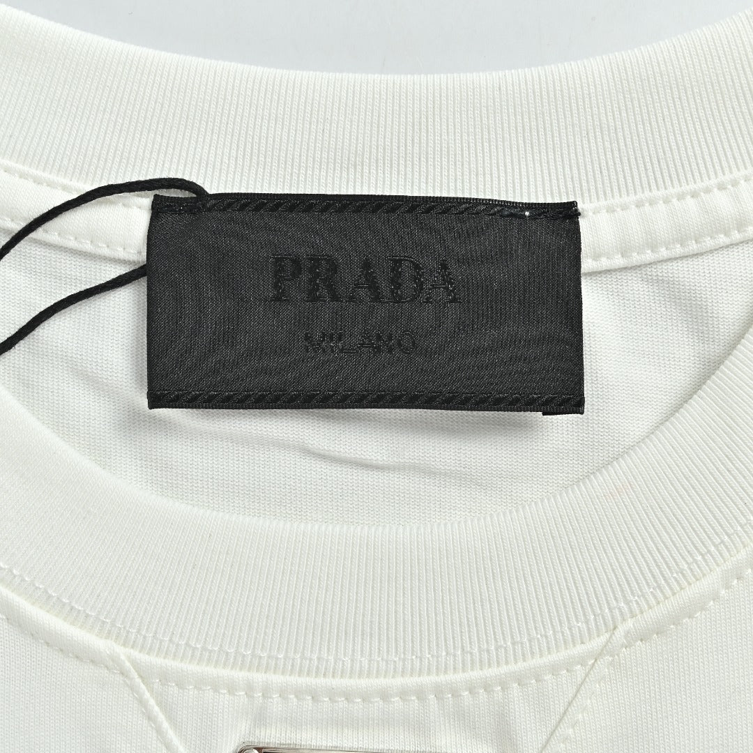 Prada Triangle Logo Collar Long Sleeve T-Shirt — White