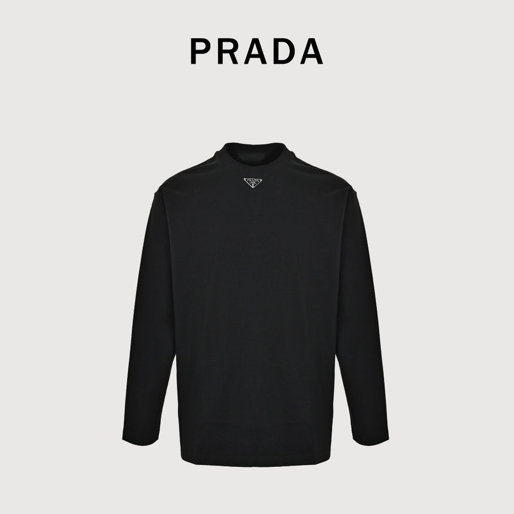 Prada Triangle Logo Collar Long Sleeve T-Shirt — Black