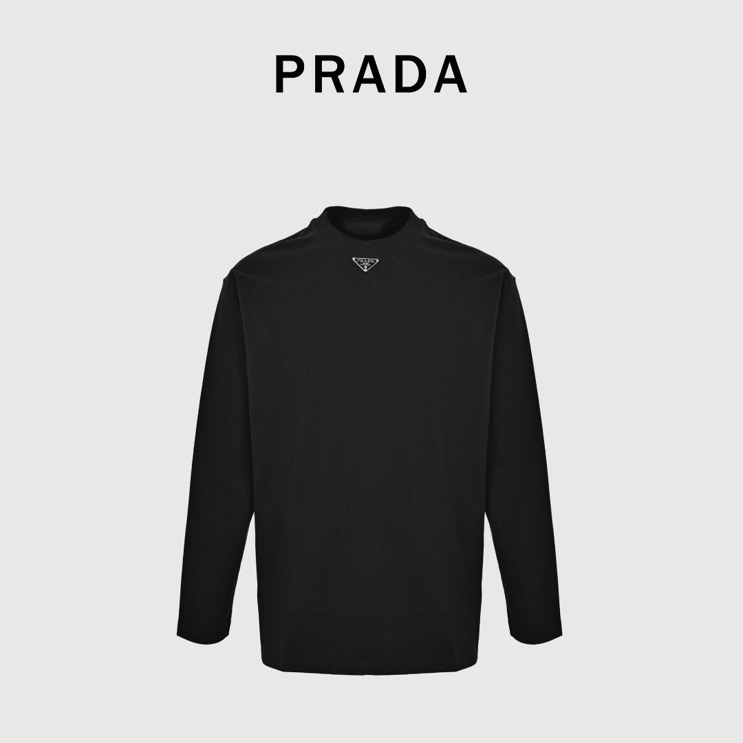 Prada Triangle Logo Collar Long Sleeve T-Shirt — Black