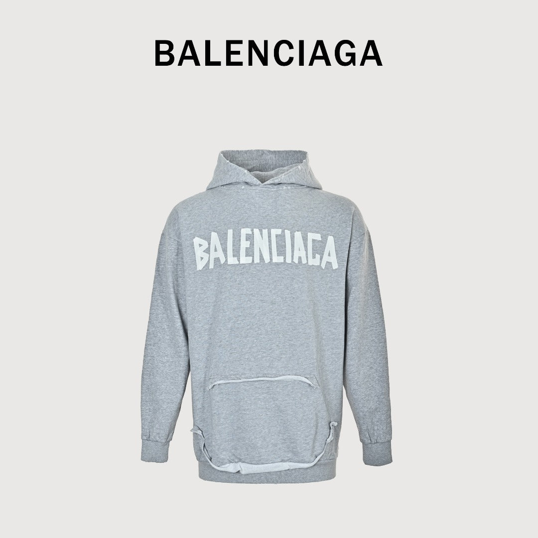Balenciaga BLCG 26SS Washed Distressed Masking Tape Print Hoodie — Grey