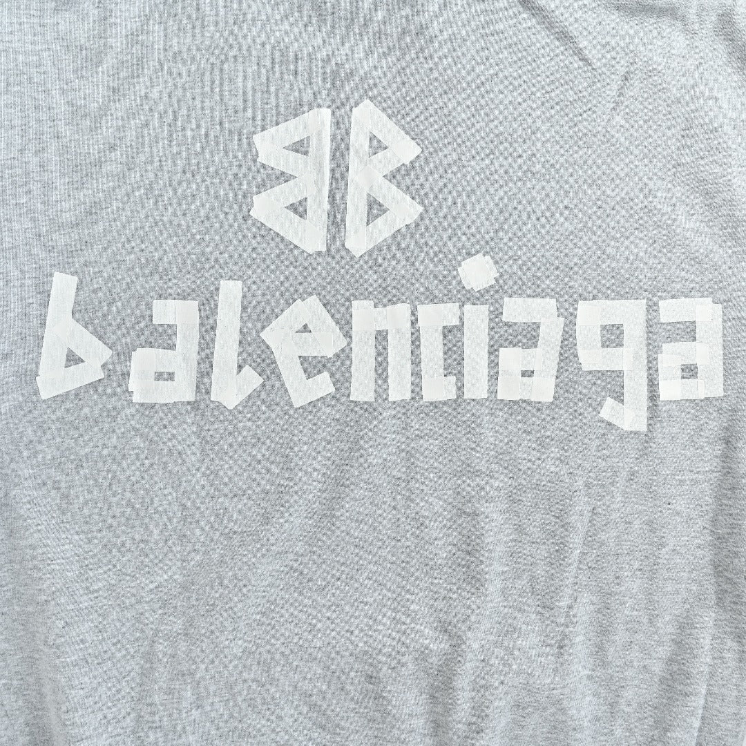 Balenciaga BLCG 26SS Washed Distressed Masking Tape Print Hoodie — Grey