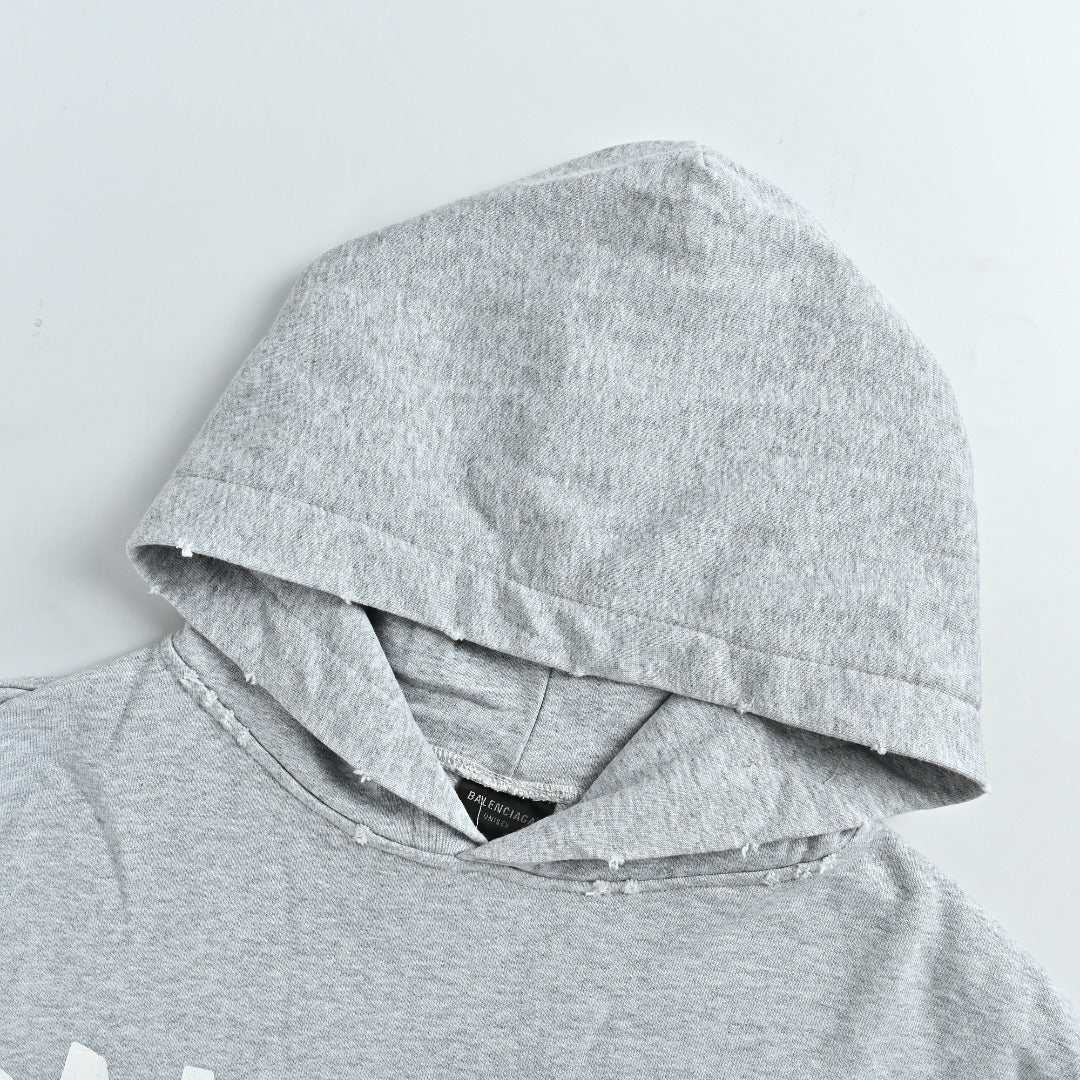 Balenciaga BLCG 26SS Washed Distressed Masking Tape Print Hoodie — Grey