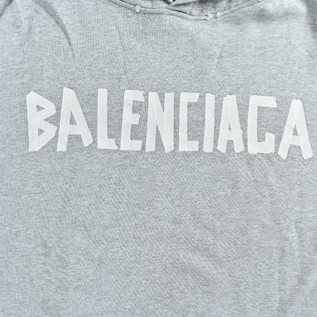 Balenciaga BLCG 26SS Washed Distressed Masking Tape Print Hoodie — Grey