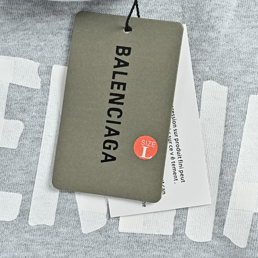 Balenciaga BLCG 26SS Washed Distressed Masking Tape Print Hoodie — Grey