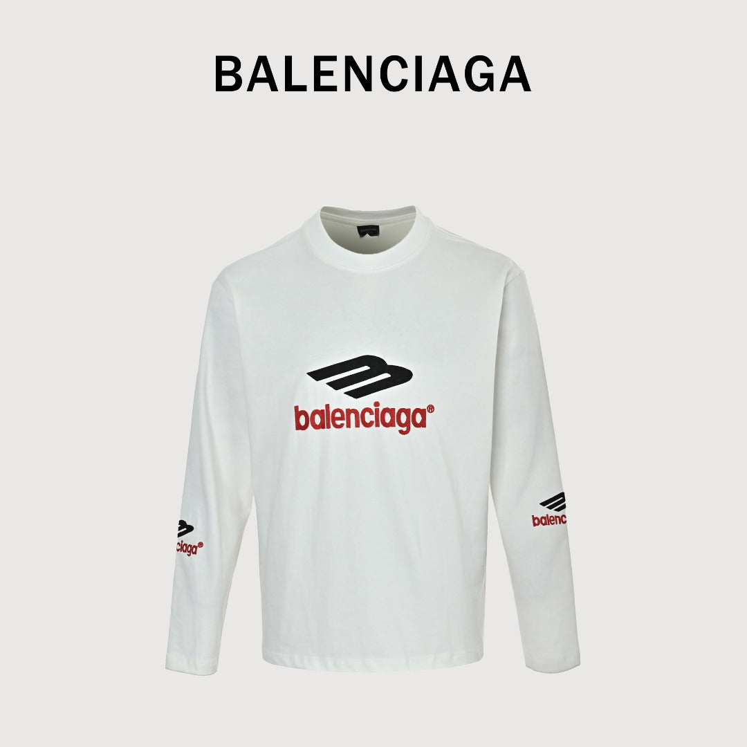 Balenciaga Classic 3M Logo Embroidered Crewneck Long Sleeve T-Shirt — White