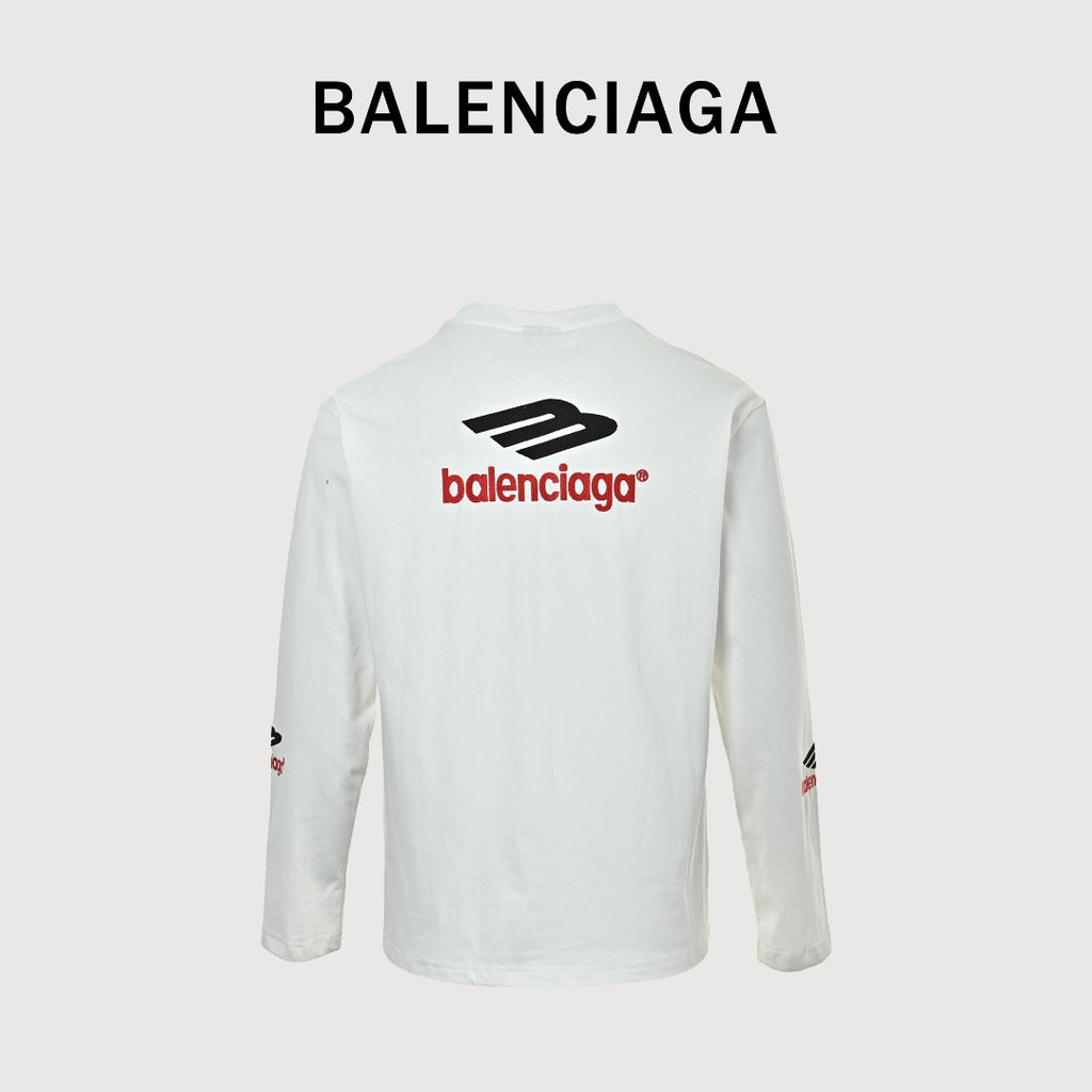 Balenciaga Classic 3M Logo Embroidered Crewneck Long Sleeve T-Shirt — White