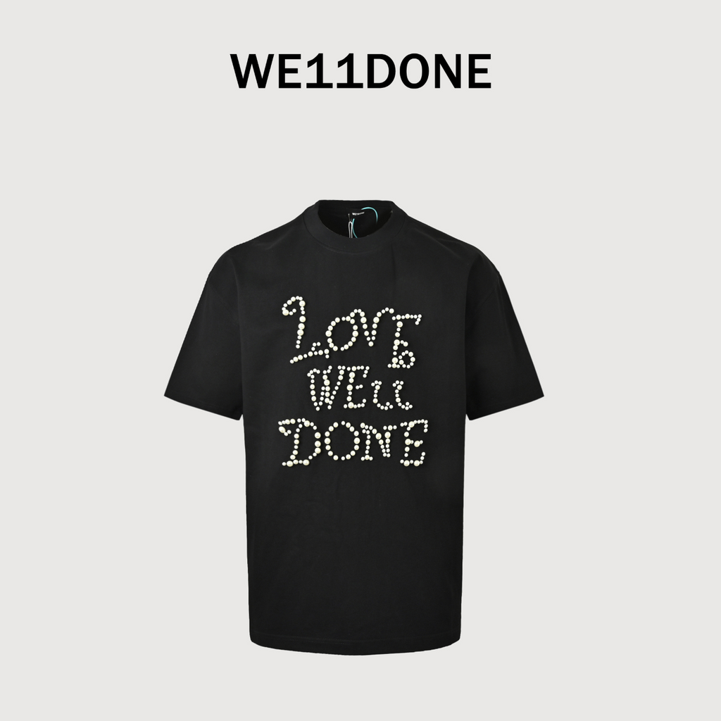 WE11DONE 24SS Ivory Pearl Rhinestone Letter Short Sleeve T-Shirt — Black