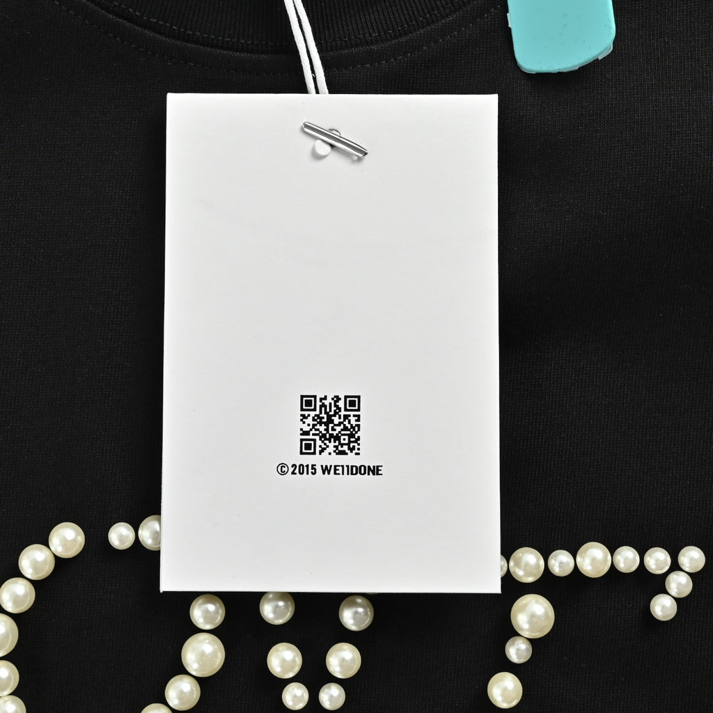 WE11DONE 24SS Ivory Pearl Rhinestone Letter Short Sleeve T-Shirt — Black