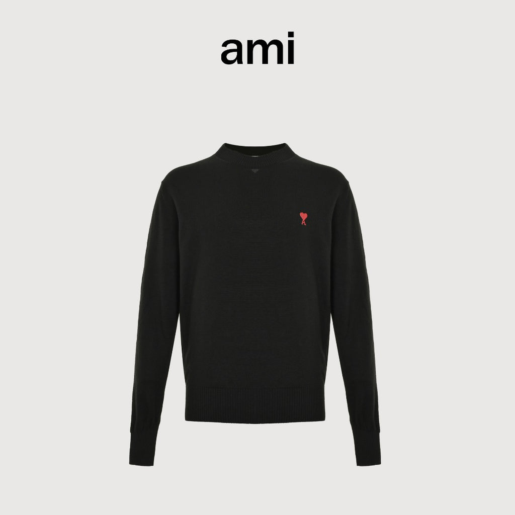 AMI Paris Small Heart Embroidered Crewneck Knit Sweater — Black