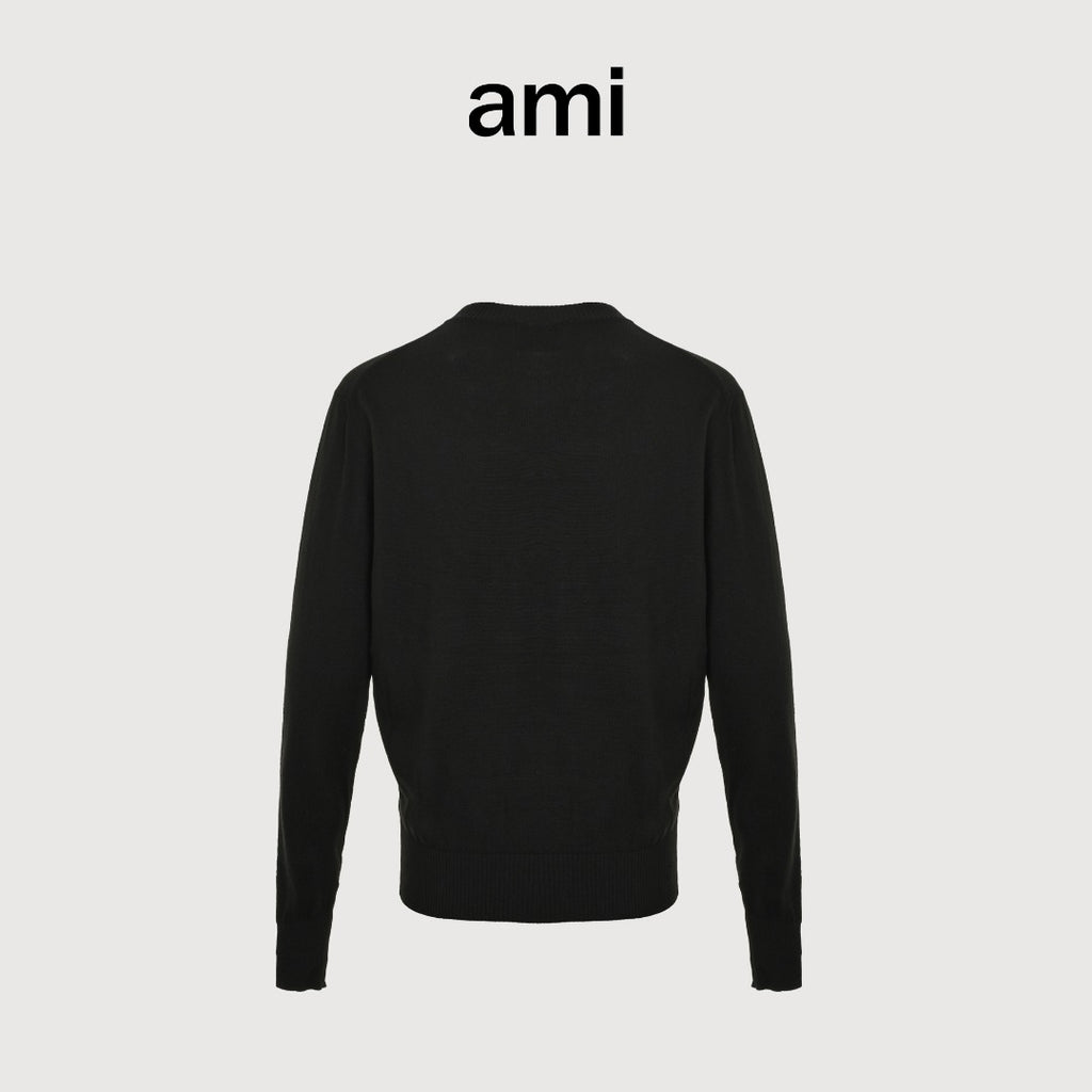 AMI Paris Small Heart Embroidered Crewneck Knit Sweater — Black