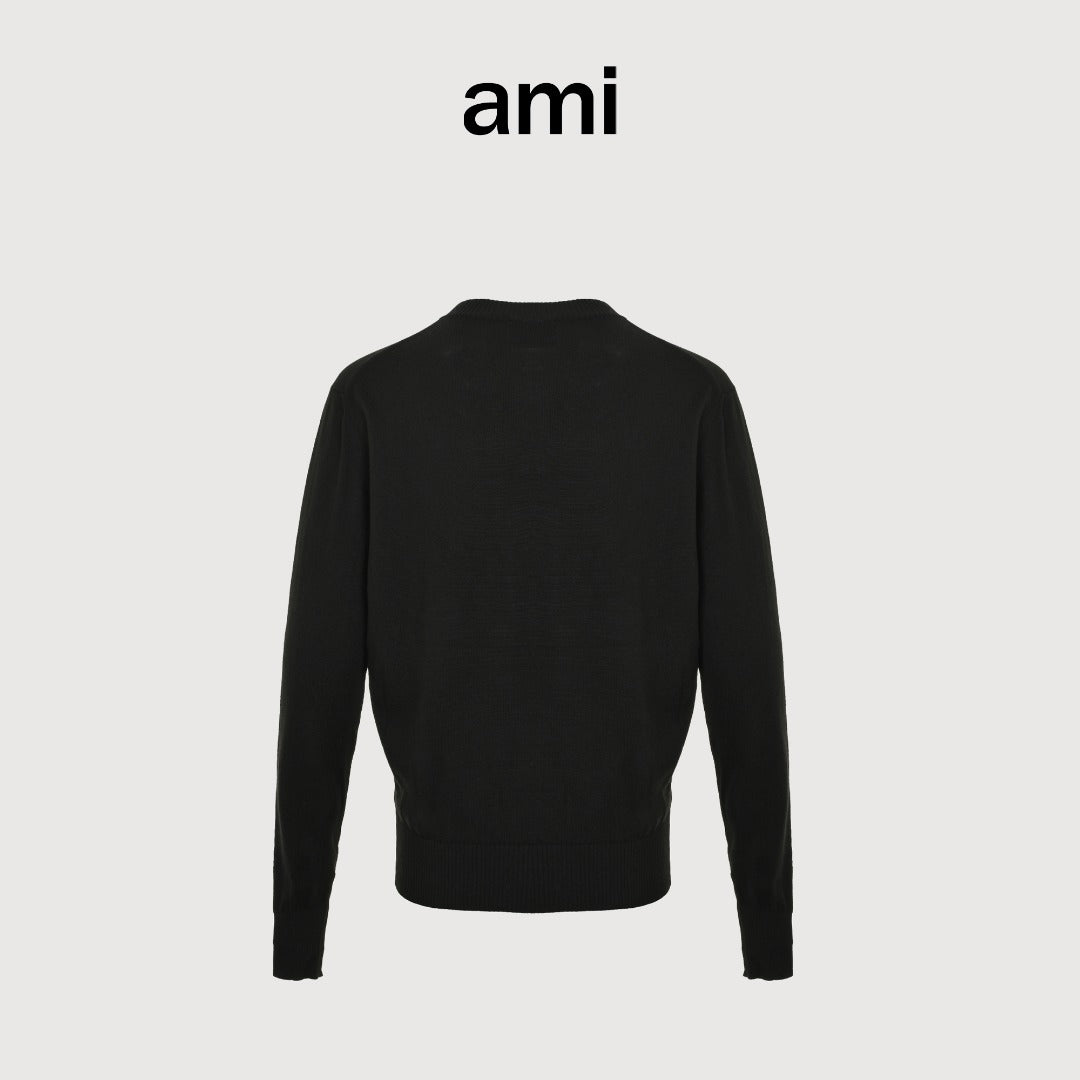 AMI Paris Small Heart Embroidered Crewneck Knit Sweater — Black