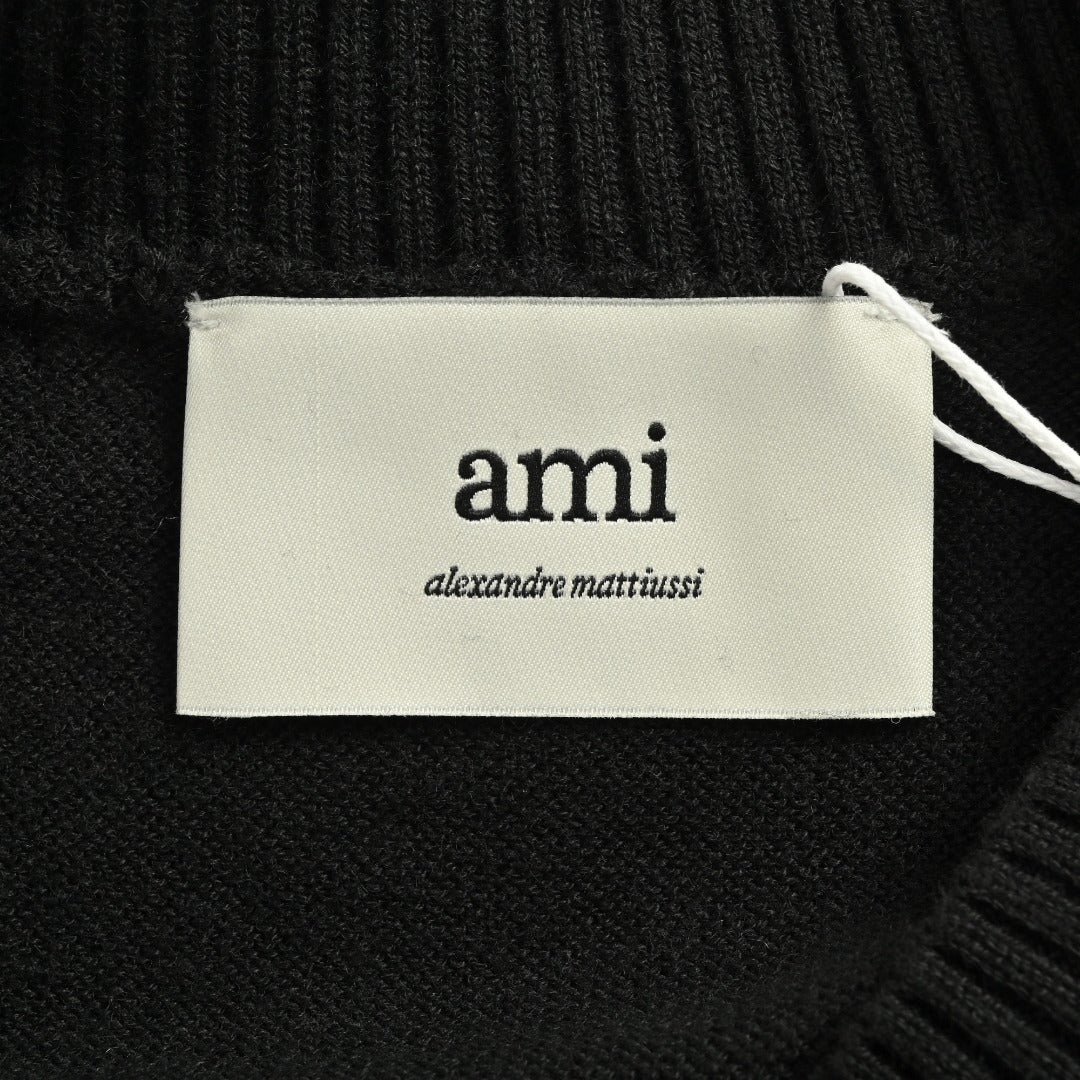 AMI Paris Small Heart Embroidered Crewneck Knit Sweater — Black