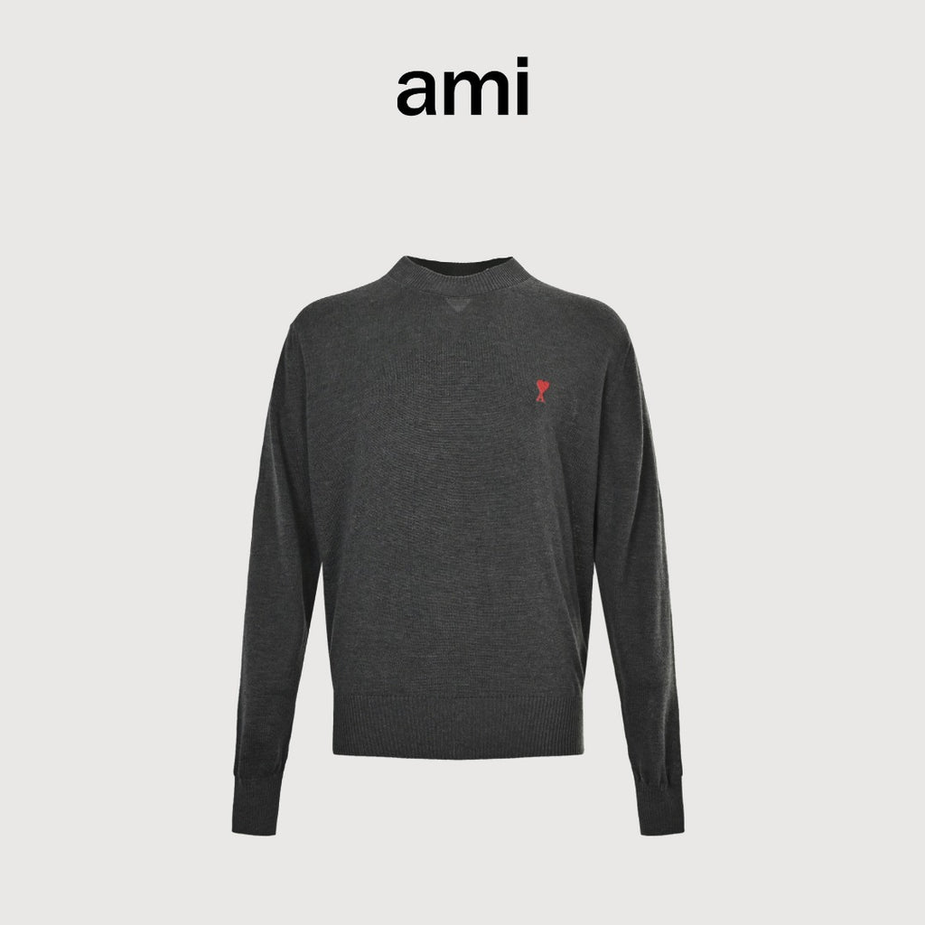 AMI Paris Small Heart Embroidered Crewneck Knit Sweater — Dark Grey