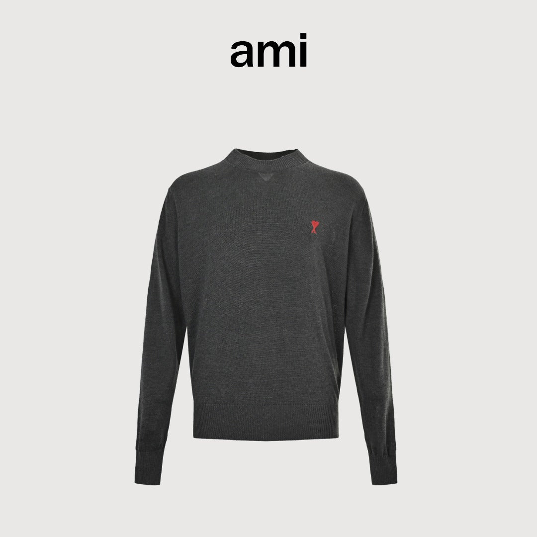 AMI Paris Small Heart Embroidered Crewneck Knit Sweater — Dark Grey