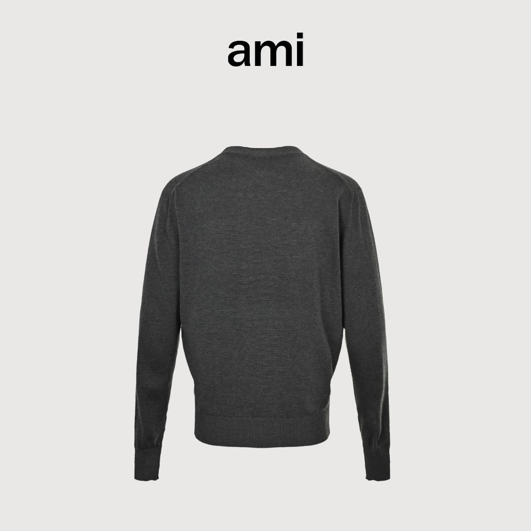 AMI Paris Small Heart Embroidered Crewneck Knit Sweater — Dark Grey