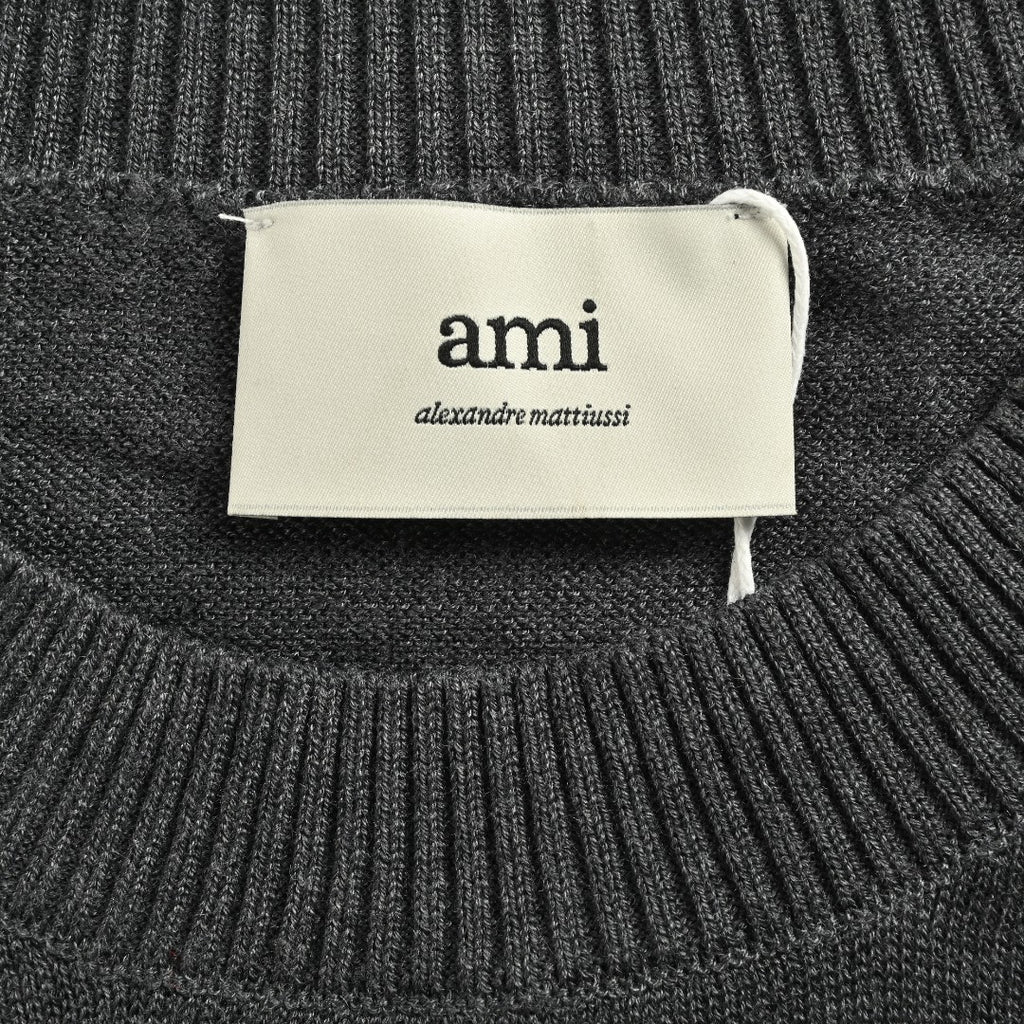 AMI Paris Small Heart Embroidered Crewneck Knit Sweater — Dark Grey