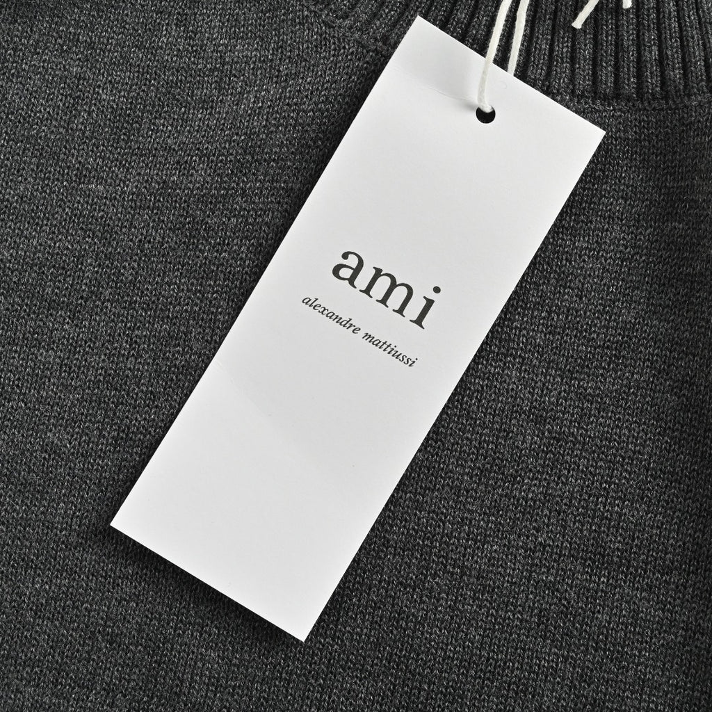 AMI Paris Small Heart Embroidered Crewneck Knit Sweater — Dark Grey
