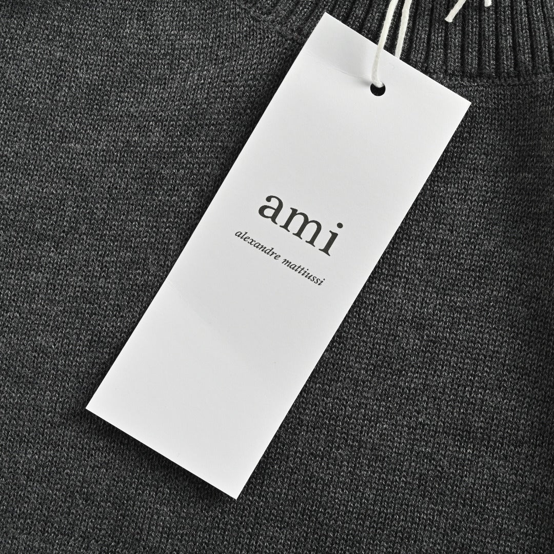 AMI Paris Small Heart Embroidered Crewneck Knit Sweater — Dark Grey