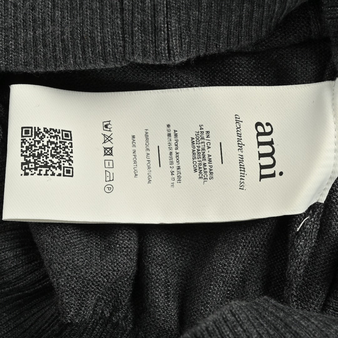AMI Paris Small Heart Embroidered Crewneck Knit Sweater — Dark Grey