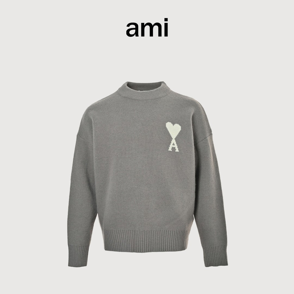 AMI Paris Three-Color Heart Jacquard Crewneck Sweater — Dark Grey