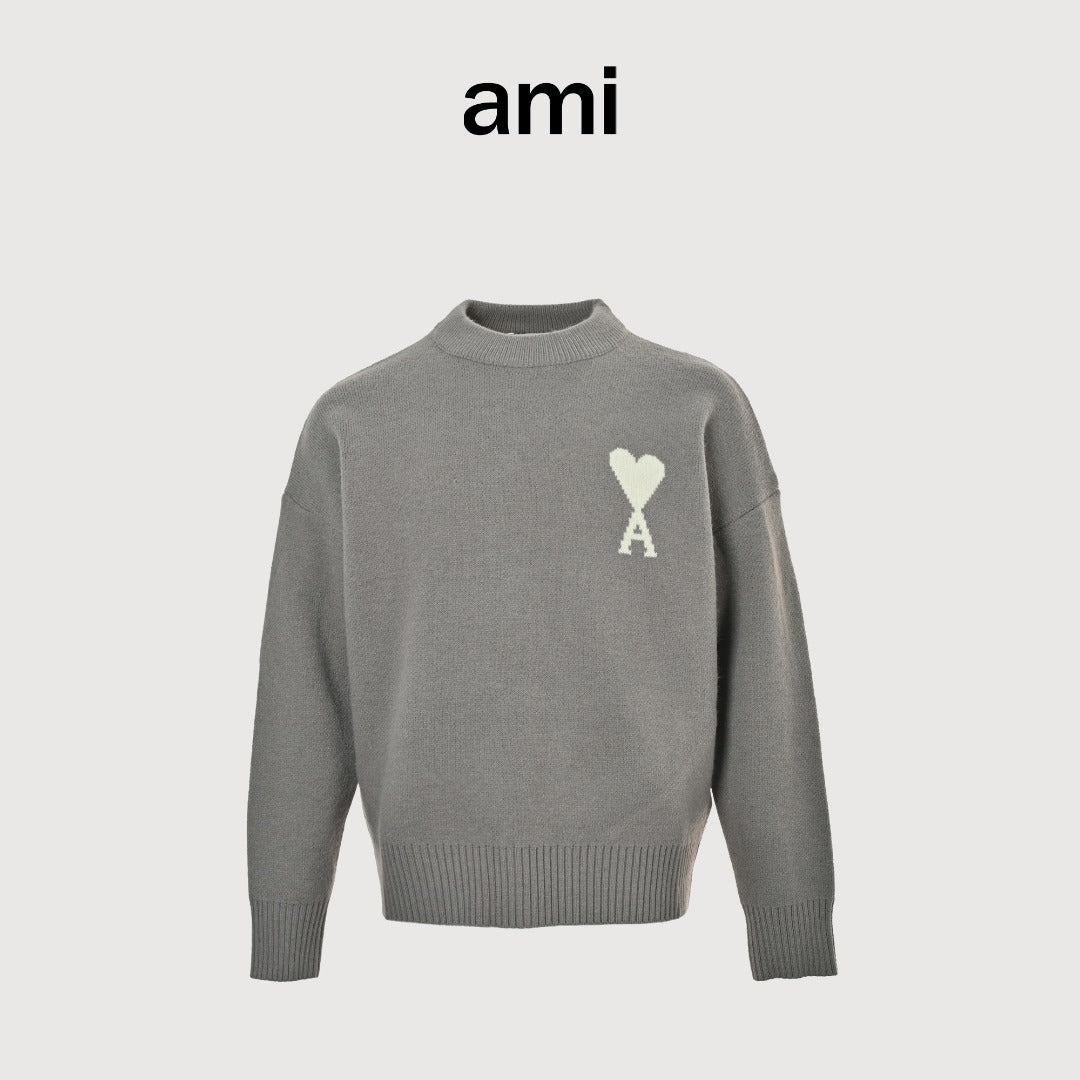 AMI Paris Three-Color Heart Jacquard Crewneck Sweater — Dark Grey