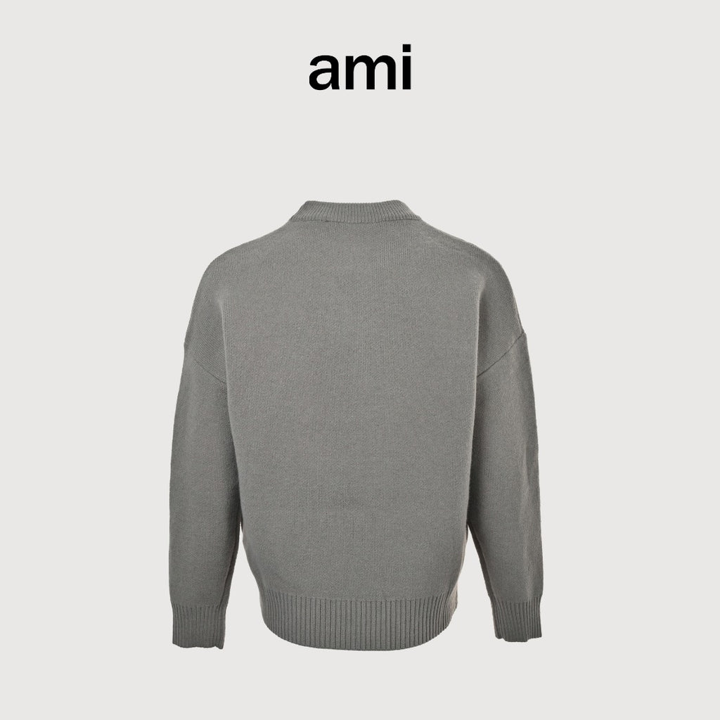 AMI Paris Three-Color Heart Jacquard Crewneck Sweater — Dark Grey