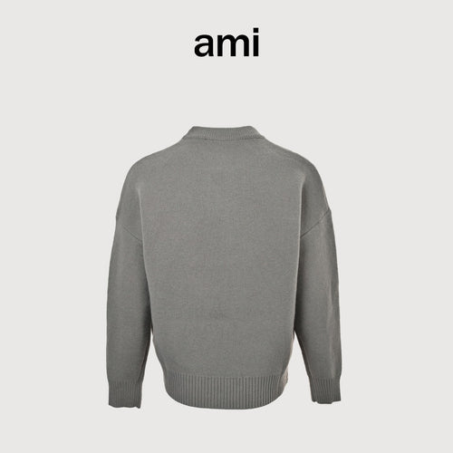 AMI Paris Three-Color Heart Jacquard Crewneck Sweater — Dark Grey