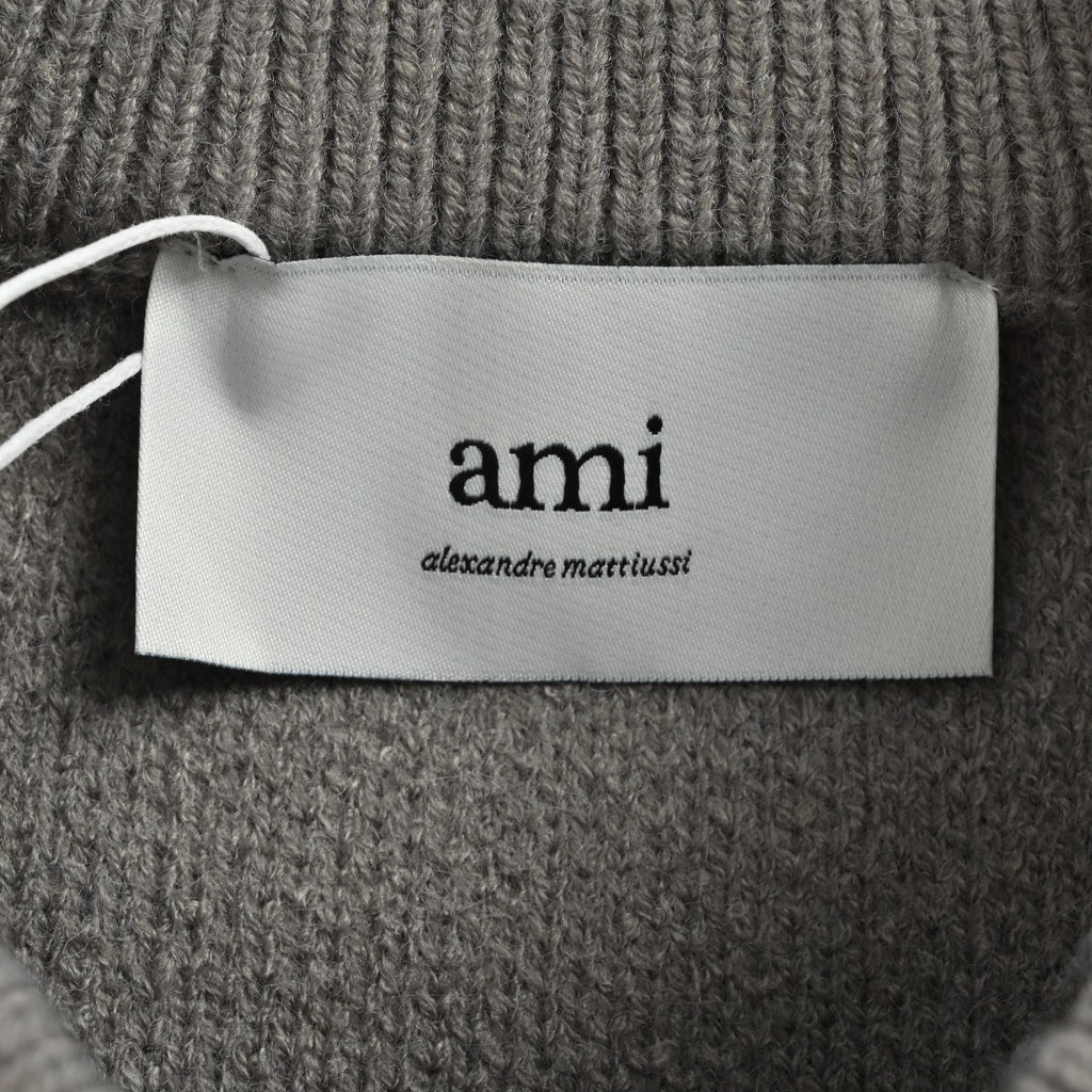 AMI Paris Three-Color Heart Jacquard Crewneck Sweater — Dark Grey