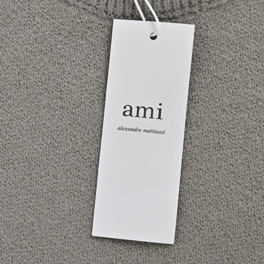 AMI Paris Three-Color Heart Jacquard Crewneck Sweater — Dark Grey