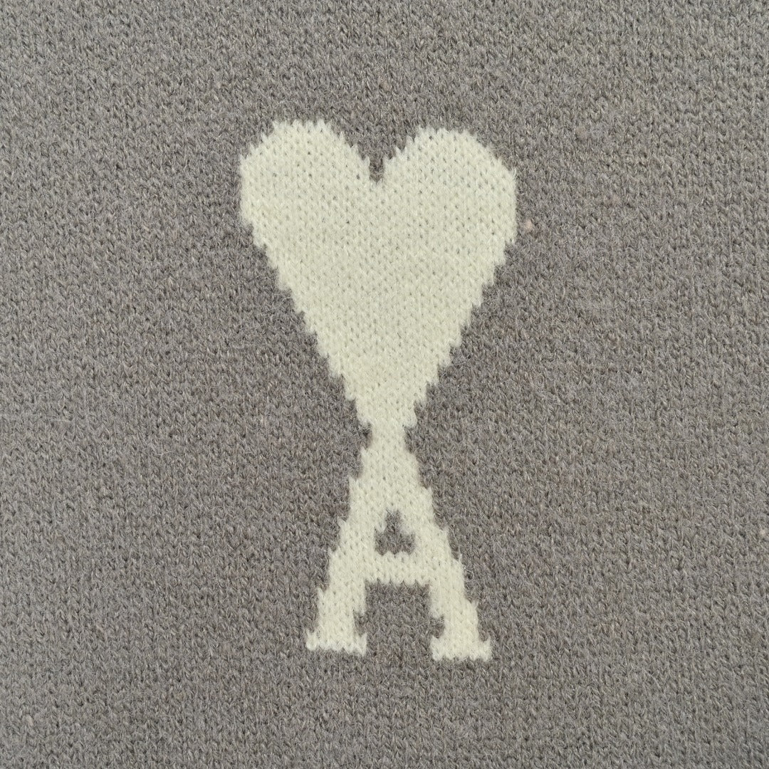 AMI Paris Three-Color Heart Jacquard Crewneck Sweater — Dark Grey