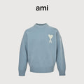 AMI Paris Three-Color Heart Jacquard Crewneck Sweater — Sky Blue