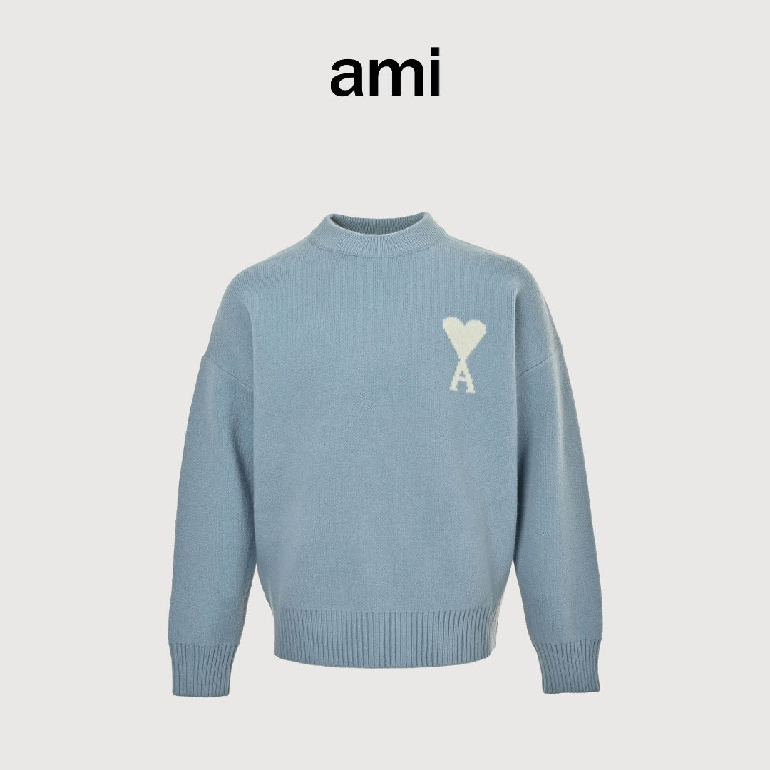 AMI Paris Three-Color Heart Jacquard Crewneck Sweater — Sky Blue