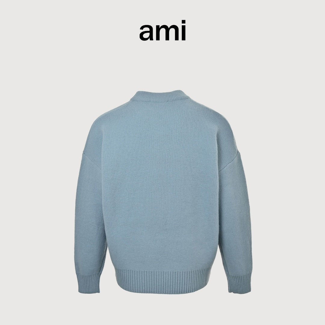 AMI Paris Three-Color Heart Jacquard Crewneck Sweater — Sky Blue