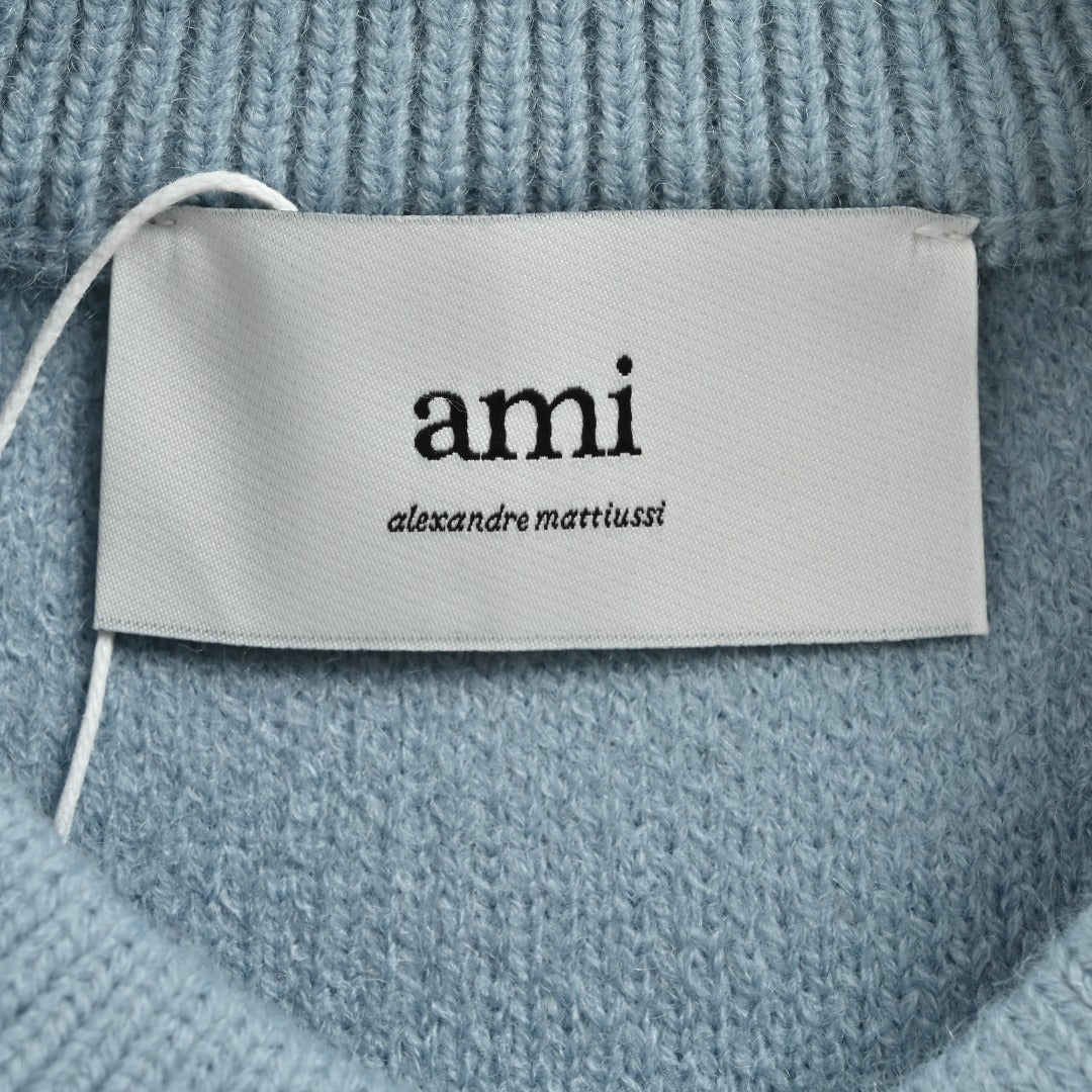 AMI Paris Three-Color Heart Jacquard Crewneck Sweater — Sky Blue