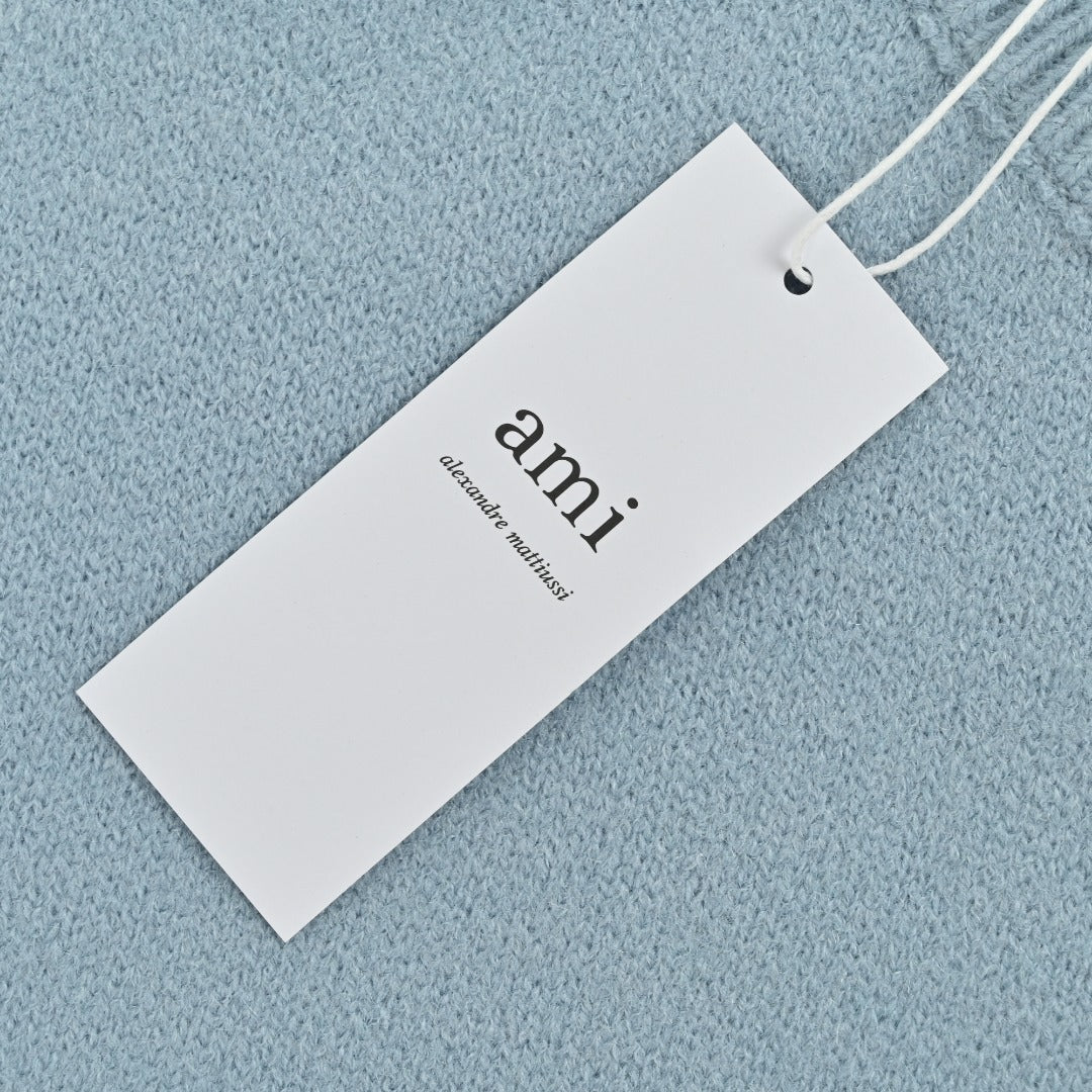 AMI Paris Three-Color Heart Jacquard Crewneck Sweater — Sky Blue