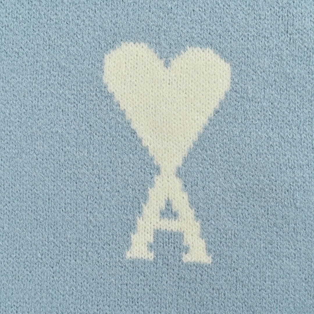 AMI Paris Three-Color Heart Jacquard Crewneck Sweater — Sky Blue
