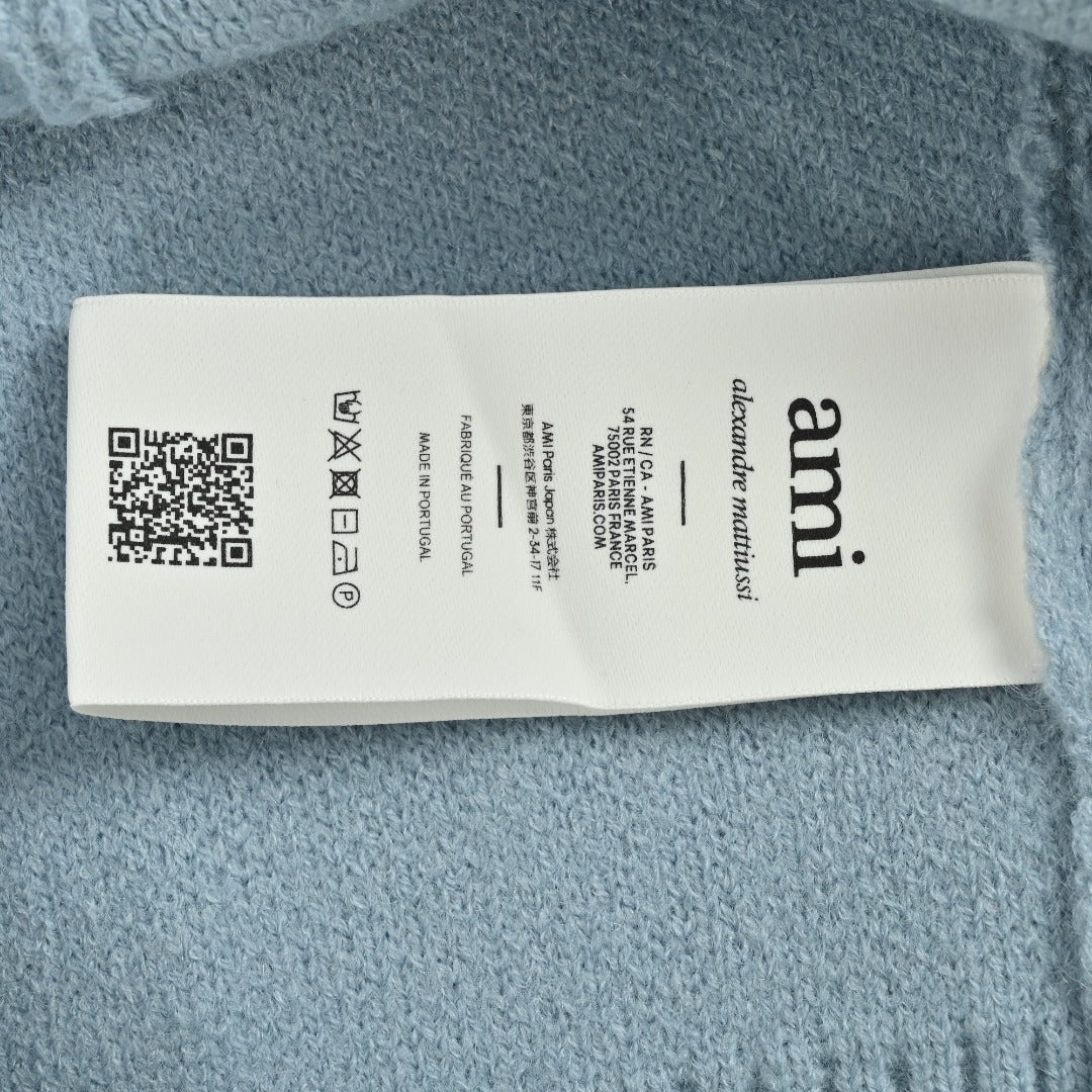 AMI Paris Three-Color Heart Jacquard Crewneck Sweater — Sky Blue