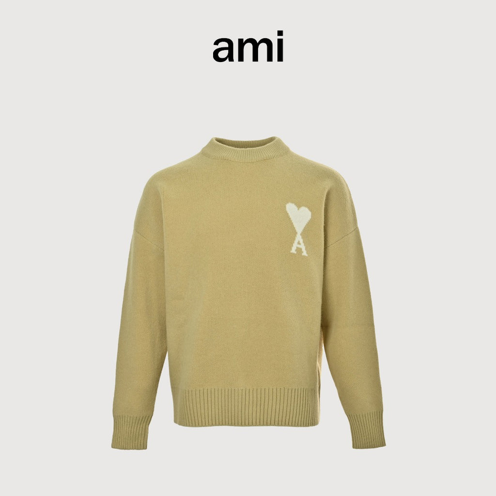 AMI Paris Three-Color Heart Jacquard Crewneck Sweater — Khaki