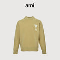 AMI Paris Three-Color Heart Jacquard Crewneck Sweater — Khaki